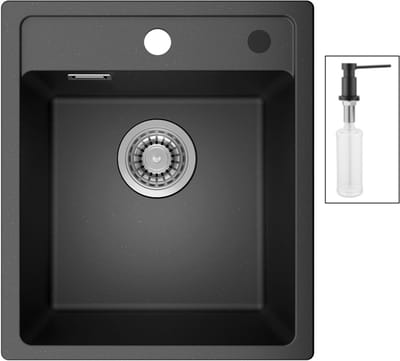 ANYCEE MAX Granieten Spoelbakken 40x46cm - Spoelbak Keuken Met Zeepdispenser - 1 Bak Zwart - Afvoerset Inbegrepen