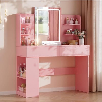 Grote Kaptafel met Verlichting, Spiegel en Opberglades - 108 x 40 cm, Verstelbare Helderheid, Voor Slaapkamer en Woonkamer (Roze)