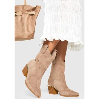 boohoo Dames Faux Suede Kalfhoge Westernlaarzen | Taupe | Maat: 3