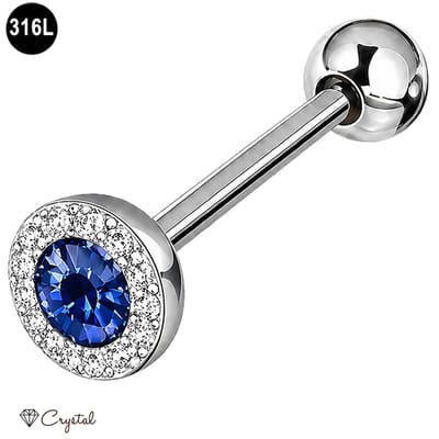 Tongpiercing - 316L Chirurgisch Staal - 1.6 x 16 mm -met Crystal Blauw en Clear