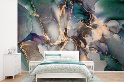 Behang - Fotobehang Goud - Blauw - Marmer - Breedte 420 cm x hoogte 280 cm