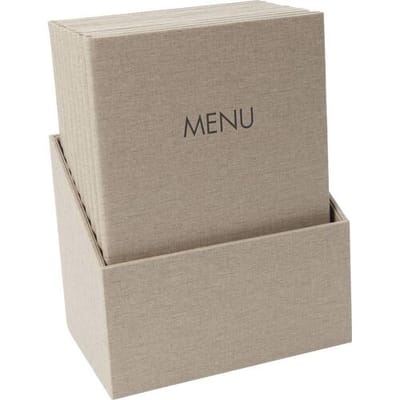 SIGEL SM208 menumappen A4 - set: 10 stuks met gratis opbergdoos - rubberen band, beige met linnenstructuur, duurzaam en gemakkelijk schoon te maken