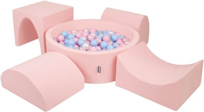KiddyMoon schuimspeelplaats met ronde ballenbak (200 ballen) ballenbakken voor baby's speelbad hindernisbanen, made in the eu, roze:babyblue/powderpink/parelmoer