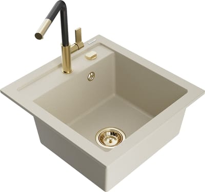 Mexen Vito granieten spoelbak met 1 kom en keukenmengkraan Flora, beige - 6503-69-670401-57-G