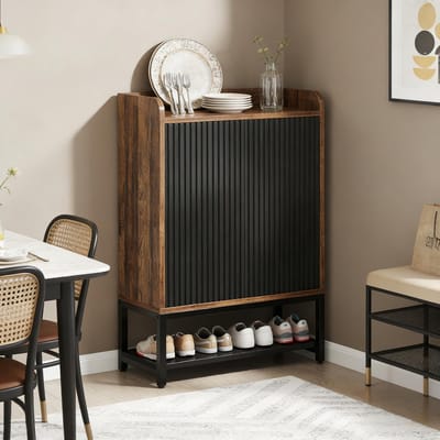 MODFU - Schoenenkast - Met Deuren En 5 Niveaus - Vintage - Voor De Hal - Spaanplaat En Metaal - Zwart En Rustiek Bruin - 73 X 35 X 105,5 Cm