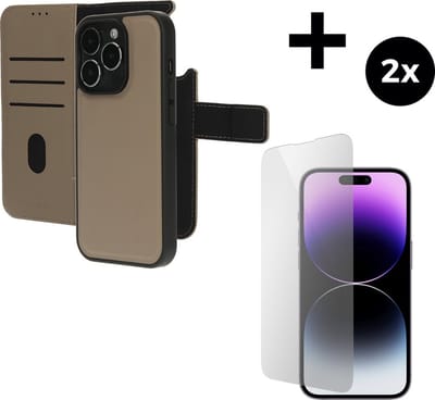 Mobiparts Leather 2 in 1 Wallet Case hoesje geschikt voor Apple iPhone 14 Pro met 2 Screenprotectors van Gehard Glas - Beige