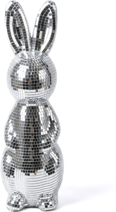 KIMU® Paashaas Discobal 38 cm Spiegeltjes - Groot Beeld Pasen Disco Haas Spiegel Konijn - Beeldje Zilver Discobol Spiegelbol Glitter Vintage Festival