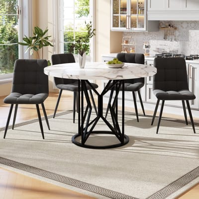 Eettafelset - 5-delig - met 4 stoelen - ronde eettafel - wit tafelblad - grijze eetstoelen
