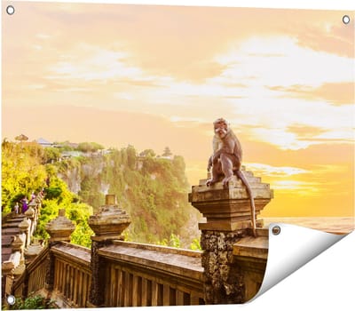 Gards Tuinposter Aap op de Uluwatu Tempel in Bali - 80x60 cm - Tuindoek - Tuindecoratie - Wanddecoratie buiten - Tuinschilderij