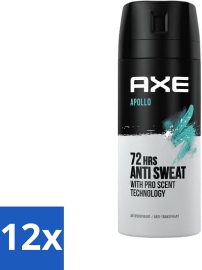 12 x Axe - Deodorant Spray - 72hrs Anti Sweat - Apollo - 150 ml - Anti-transpirant - Deodorant - Axe Apollo - 72 Uur Bescherming - Groen Fruit