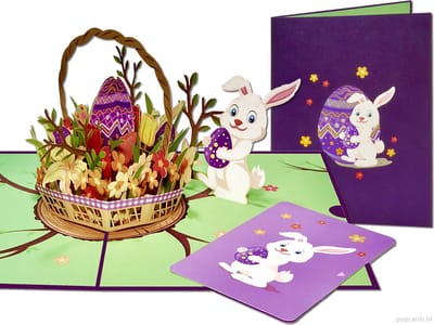 Popcards popupkaarten – Vrolijk Pasen! Schattige Paashaas met mandje Paaseieren Paasei Versierde Eieren Paasdagen pop-up kaart 3D wenskaart