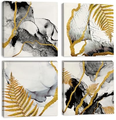 Moderne Canvas Wanddecoratie met Marmer en Goudblad - Set van 4 Schilderijen 30x30 cm voor Slaapkamer, Woonkamer, Keuken en Meer