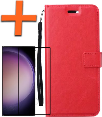 Hoes - Met Screenprotector - Geschikt voor Samsung Galaxy S23 Ultra - Luxe Pasjeshouder - Bookcase Portemonee - Flip Case - Kunstleer Book Case - Flipcase - Book Cover - Walletcase - PortemonneeHoes - Rood