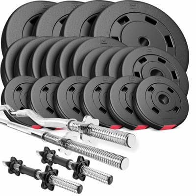 Hop-Sport Kunststof – Halterset – 105 kg – Lange halterstang, SZ-curlstang en dumbbellstangen – 30 mm