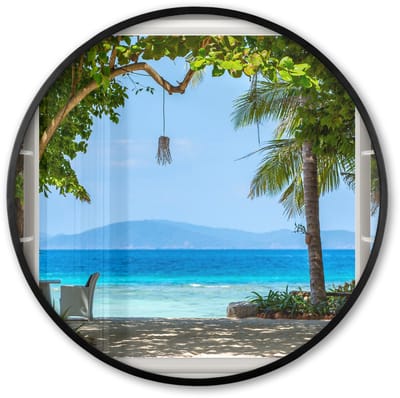 Poster in lijst Rond - Fotolijst 60x60 cm - Posters - Doorkijk - Boom - Zee - Palmboom - Heuvels - Strand - Blauw - Ronde posterlijst zwart - Decoratie - Wanddecoratie woonkamer - Muurdecoratie slaapkamer