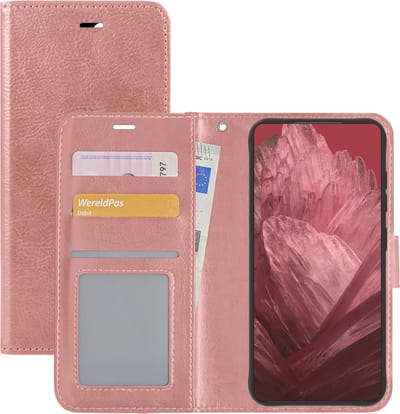Hoesje - Met Pasjeshouder - Geschikt voor Google Pixel 8a - Luxe Bookcase Portemonee - Flip Case - Kunstleer Book Case - Flipcase - Book Cover - Walletcase - Portemonneehoes - Rosé goud