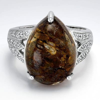 Cavill - Zilveren Dinosaurus Kwarts Ring - 925 Sterling Zilver - 9,9 Karaat Peervormige Cabochon - Met Pave Zirkonia - Elegante Unieke Ring Dames