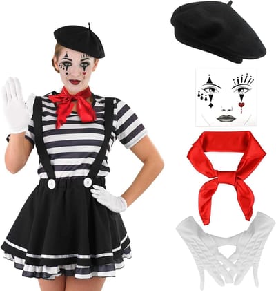 Zwart-wit Circus Clown Kostuum voor Vrouwen met Beret, Sjaal, Handschoenen en Kousen voor Halloween en Carnavalsfeesten