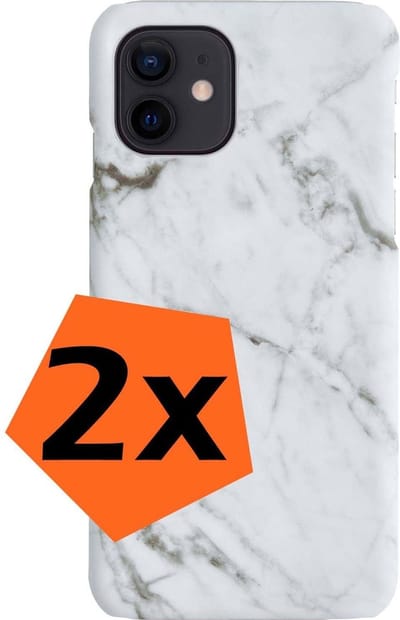 Hoesje Geschikt voor iPhone 12 Mini Hoesje Marmeren Case Hardcover Hoes Marmer - Hoesje Geschikt voor iPhone 12 Mini Marmer Hoes - Wit - 2 PACK