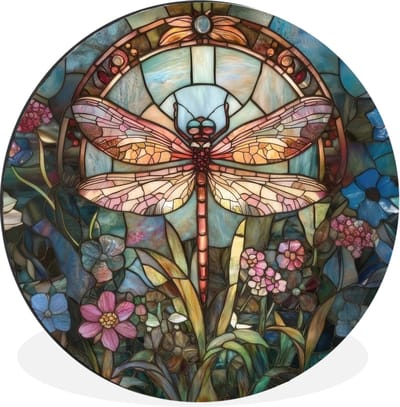 WallCircle - Wandcirkel - Muurcirkel - Libelle - Mozaïek - Bloemen - Kleurrijk - Aluminium - Dibond - 30x30 cm - Binnen en Buiten