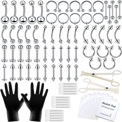84-delige piercingset - Verkrijgbaar in verschillende maten - Neusring - Lipring - Oorbel - 1,2*8 cm - Geschikt voor piercings op diverse lichaamsdelen - Zilver