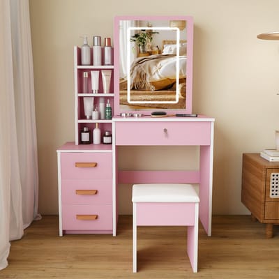 OKWISH Kaptafel - Met Verlichte Spiegel En Kruk - 4 Laden En Opbergruimte - Voor Slaapkamer - MDF Roze - 85x36x130 Cm