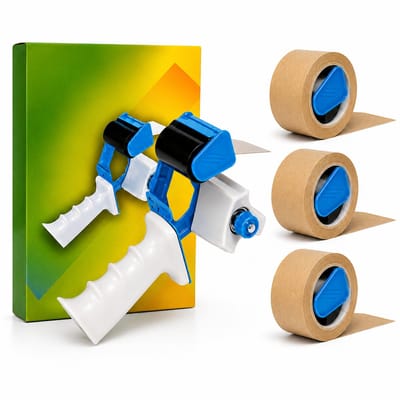 Handkartonsluiter + 3 rollen Verpakkingstape Ecologische Papieren Tape 50mm x 50m / dozensluiter kunststof - Tape dispenser / Ecotape / Paper Tape
