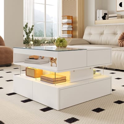 Salontafel - Hoogte Verstelbaar met 16-Kleuren LED - Glasblad en Acryl Onderstel - Glas Acryl - Wit