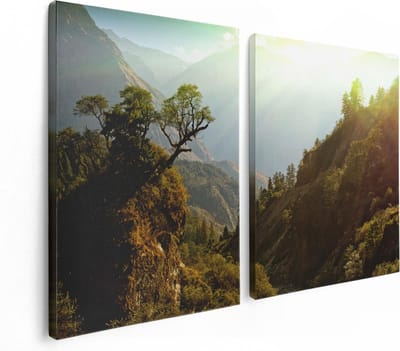 Artaza Canvas Schilderij Tweeluik Bos In De Bergen Met Zonneschijn - Kleur - 120x80 - Foto Op Canvas - Canvas Print