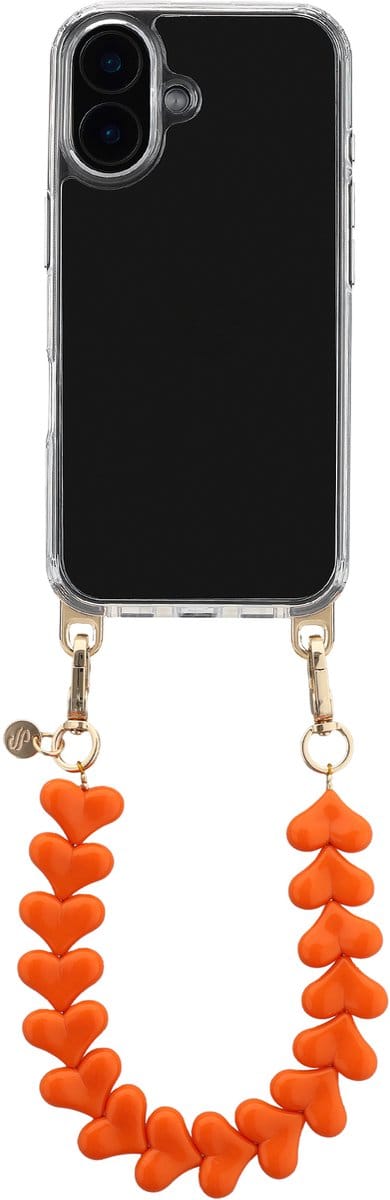 Selencia Transparant Hoesje met Haakjes inclusief Hartjes Polskoord - Geschikt voor Apple iPhone 16 - Oranje
