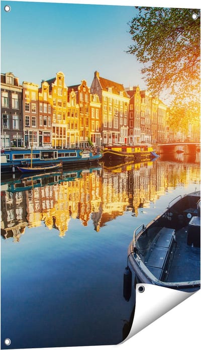 Gards Tuinposter Amsterdamse Gracht bij Zonsondergang - 60x90 cm - Tuindoek - Tuindecoratie - Wanddecoratie buiten - Tuinschilderij