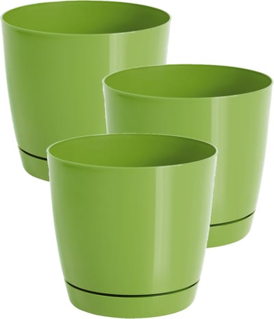Prosperplast Plantenpot/bloempot met opvangschaal - Set van 3x stuks - kunststof - lime groen D18 x H17 cm - binnen/buiten