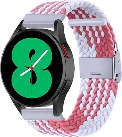 By Qubix - Braided nylon bandje 20mm - Wit / roze - Geschikt voor Samsung Galaxy Watch 7 (40 & 44mm) - Galaxy Watch FE - Galaxy Watch 6 - Galaxy Watch 6 Pro - Galaxy Watch 5 - 5 Pro - Galaxy Watch 4 - 4 Classic - Active 2 - Watch 3 (41mm)