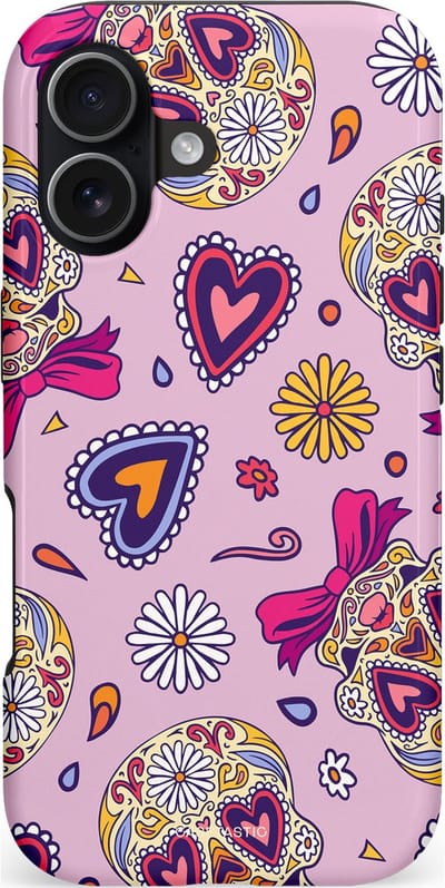 Casetastic hoesje geschikt voor Apple iPhone 17 - MagSafe - Dubbellaagse bescherming - Dia de los Muertos Doodshoofd Strik - Fashion Case - Lila Crème Roze