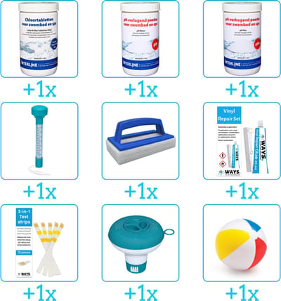 Zwembad Onderhoudspakket - Onderhoud Zwembad - bevat Chloor - PH-min - PH-plus - Thermometer - Scrubborstel - Reparatiesetje - Testrips - Chloordrijver en Strandbal (9-delig)