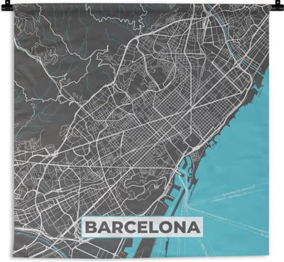 Wandkleed - Wanddoek - Barcelona - Blauw - Kaart - Plattegrond - Stadskaart - 180x180 cm - Wandtapijt