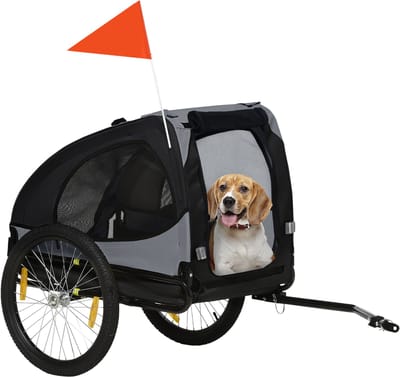 Opvouwbare hondenaanhanger met reflectoren - gaasraam - wielen en veiligheidsvlag voor honden tot 20 kg - zwart
