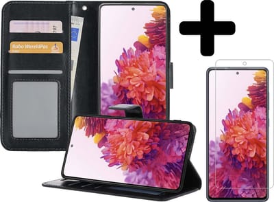 Hoesje - Met Screenprotector - Geschikt voor Samsung Galaxy S20 FE - Luxe Pasjeshouder - Bookcase Portemonee - Flip Case - Kunstleer Book Case - Flipcase - Book Cover - Walletcase - Portemonneehoes - Telefoonhoesjes - Zwart