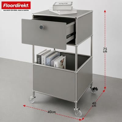 FLOORDIREKT Metalen Rek Concept Epure MK-145 - Rolcontainer Met 3 Verdiepingen, Lade & Legplanken - 40 x 75 x 40 cm - Grijs -Verkrijgbaar in Verschillende Kleuren - Metalen Rek in Modern Design - Rek Voor Woonkamer, Kantoor & Hal