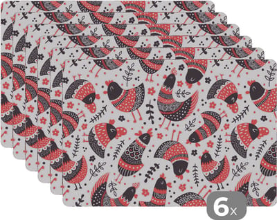 Placemat - Placemats kunststof - Vogel - Kip - Patroon - 45x30 cm - 6 stuks - Hittebestendig - Anti-Slip - Onderlegger - Afneembaar