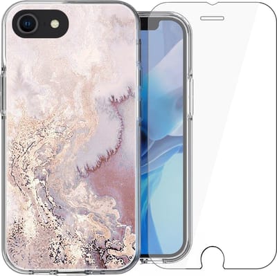 Hoesje geschikt voor iPhone SE 2020 / 8 / 7 - Siliconen Shock Proof Case Back Cover Hoes Marmer Roze + Screenprotector Gehard Glas Screen Protector