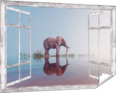 Gards Tuinposter Doorkijk Olifant bij het Water - 150x100 cm - Tuindoek - Tuindecoratie - Wanddecoratie buiten - Tuinschilderij