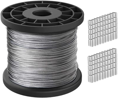 RVS draadkabel 30 meter met 100 aluminium krimpkousen, 1/16 inch