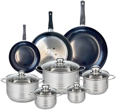 Set van 3 kookpannen 20, 28 en 32 cm en 5 braadpannen 12, 14, 16, 20 en 24 cm Elo Prima Brillant