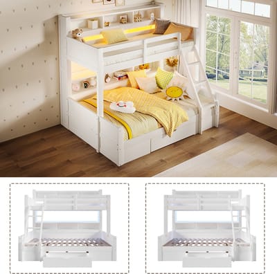 Stapelbed 90x200 En 140x200 - Wit - Met Ladder, Ledstrip, Opbergrekken En Lade - Inclusief Bedhek - Zonder Matras