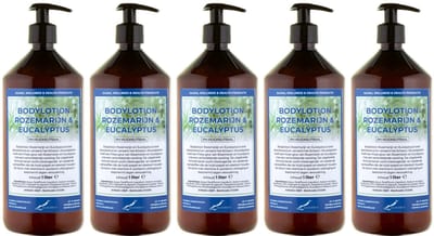 Bodylotion Rozemarijn & Eucalyptus 1 Liter - met gratis pomp - set van 5 stuks - Voordeelverpakking