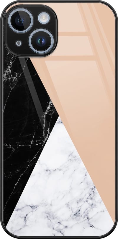 Hoesje geschikt voor iPhone 14 - Marmer zwart bruin - Luxe Glazen Hardcase - Marmer - Zwart, Bruin - Leuke Telefoonhoesjes