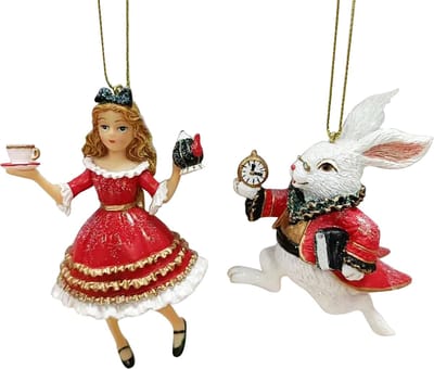 Viv! Christmas Kerstornament - Alice in Wonderland en Konijn - set van 2 - rood - 10cm