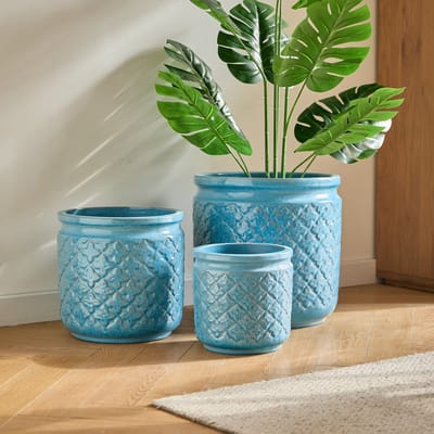 Bloempotset - Ø 38,1/30,5/22,9 cm - Geometrisch Patroon - voor Orchideeën - Keramiek - Blauw