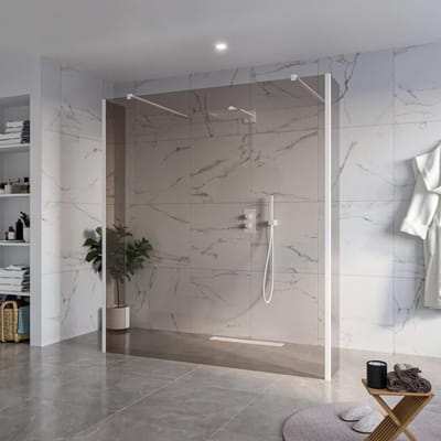 FugaFlow Eccelente Vetro Vrijstaande inloopdouche badkamer - 180x200cm - Rookglas - antikalk - 8mm veiligheidsglas - 2 zijwanden 40cm - met wandarmen en hoekprofielen - Wit mat -